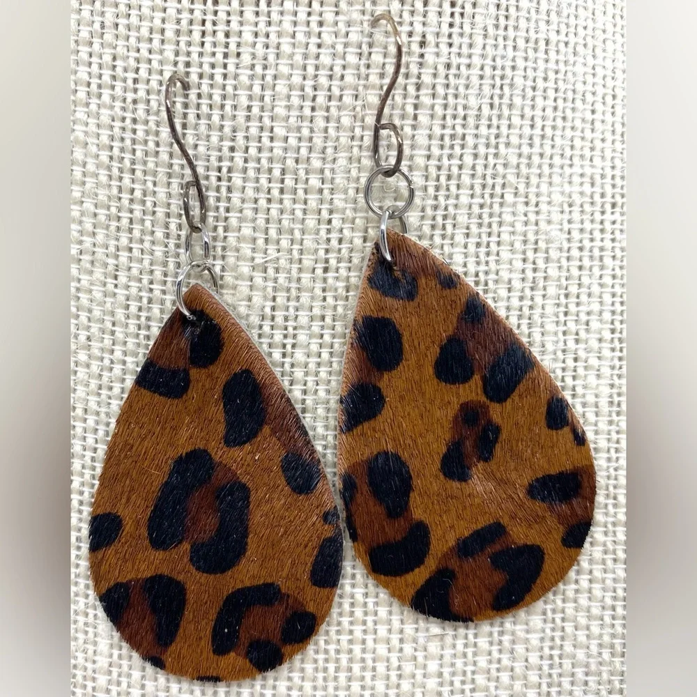 Brown Animal Print FauxFur Leather Dangle Earrings Boho Eclectic Y2K Festival